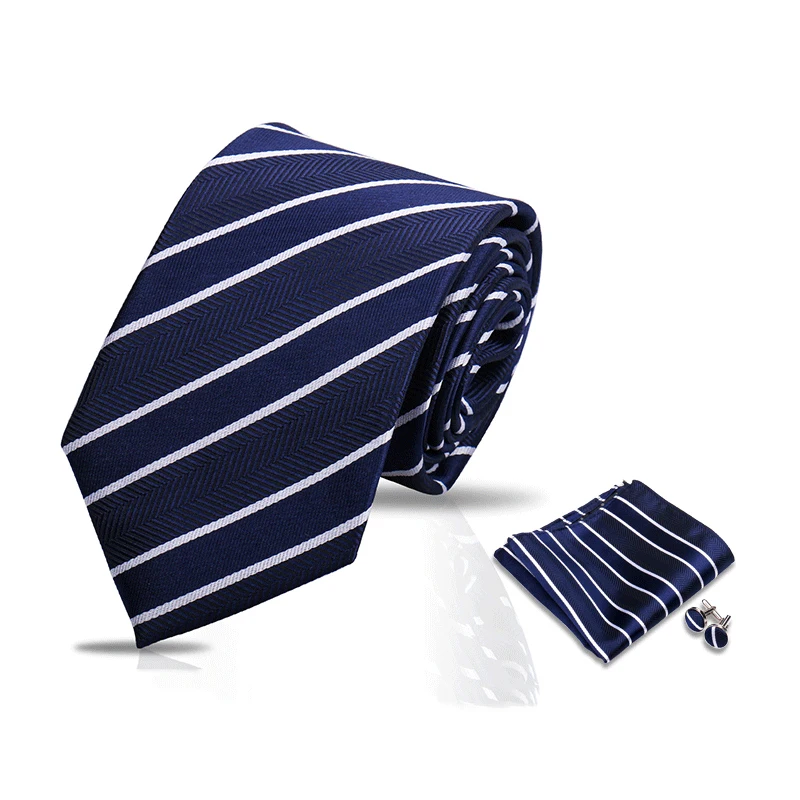 Luxurious Brand Designer Ties For Men Polyester Checkered Stripe Cufflinks Handkerchief Office Wedding Accessories Necktie Set