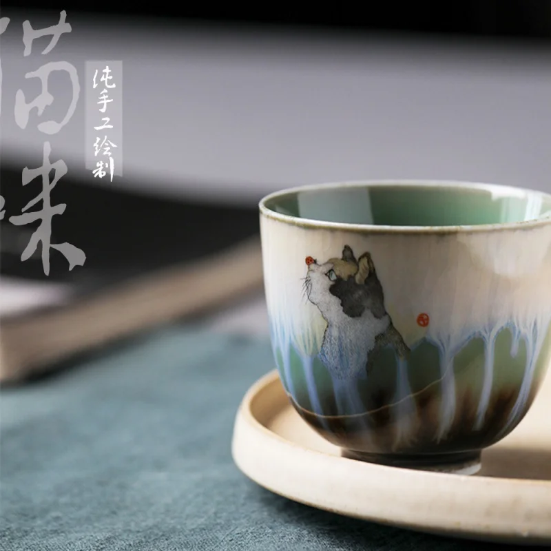 

★Jingdezhen Green Soda Kiln Changed to Tea Cup Ceramic Kung Fu Tea Cup Master Cup Hand Painted Cat Cat Slave Tea Bowl