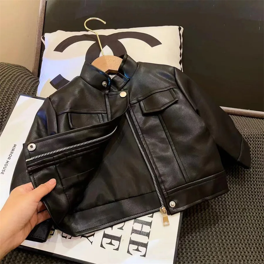 Spring Autumn Girls Boys Jacket Handsome Artificial Leather Waterproof And Stain-resistant Zipper Lapel Coat For 2-8 Years Kids