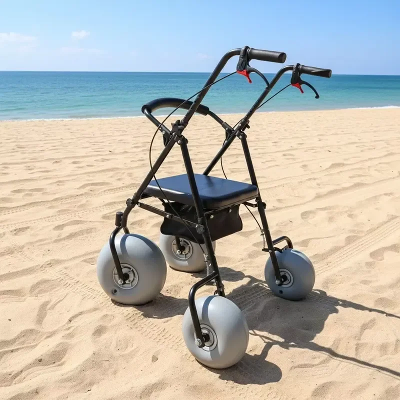 Foldable Manual Walker with Handbrake for Outdoor Travel Beach Wheelchair Durable Push Aid Driving Assistance Mobility