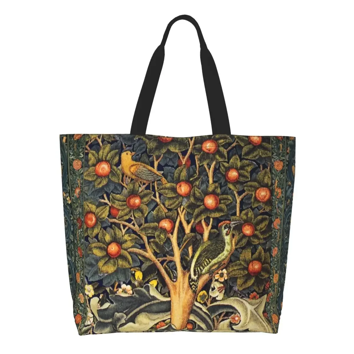 William Morris Woodpecker In Fruit Tree Shopping Canvas Bag Big Capacity Grocery Birds Rabbits Floral Shopper Tote Bags