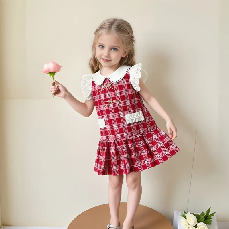 

Girls' College-Style Dress New Summer Plaid Lace Flutter-Sleeve Tank Dress Stylish Turn-Down Collar Tank Dress
