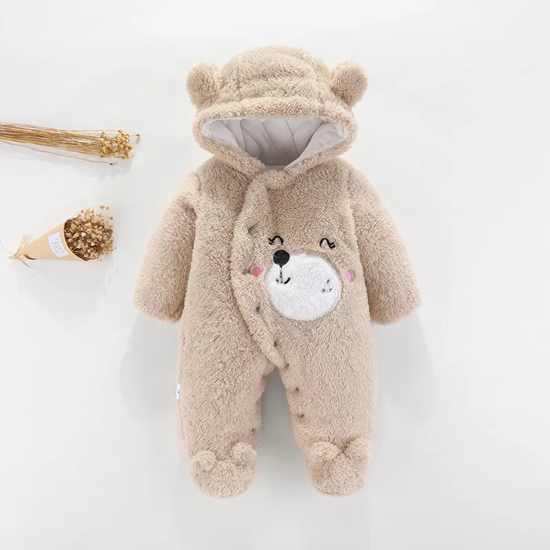 0-12M Baby Boy Clothes Cute Plush Cartoon Baby Rompers Autumn Winter Warm Hooded Infant Girls Overall Jumpsuit Newborn Romper