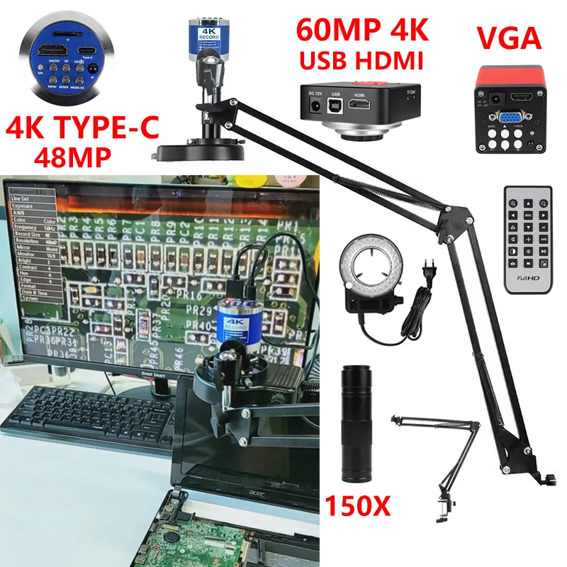 4K Ultra HD Digitales Elektronenmikroskop 1080P HDMI TYPE-C Mikroskopbaugruppe Industriekamera 150X Objektiv Fernklappständer