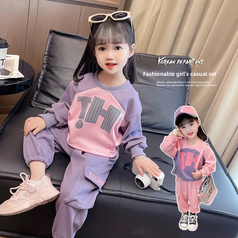 2026 Girls Sweatshirt Sets Spring Autumn Kids Fashion Long Sleeved Suits Children Pullover+Work Pants 2Pcs 2-8 Years