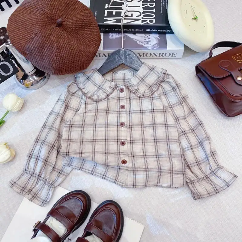 

New Girls' College Style Dress2025Vintage Style Plaid Doll Collar Shirt and Suspender Skirt Two-Piece Set