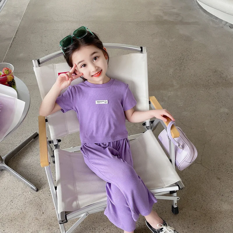 

Summer Girls' Suit Baby Western Style Children's Korean-Style Solid Color Short-Sleeved T-shirt Bell-Bottom Pants