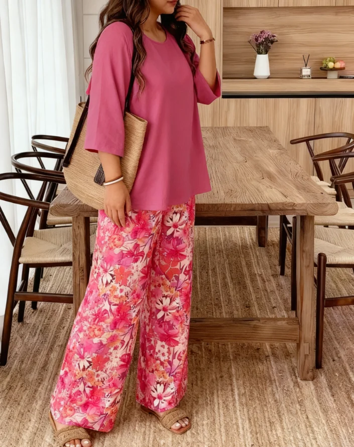 Abito Boho Chic taglie forti: camicetta elegante con maniche fluide e palazzos floreali, set da salotto alla moda da donna per gita