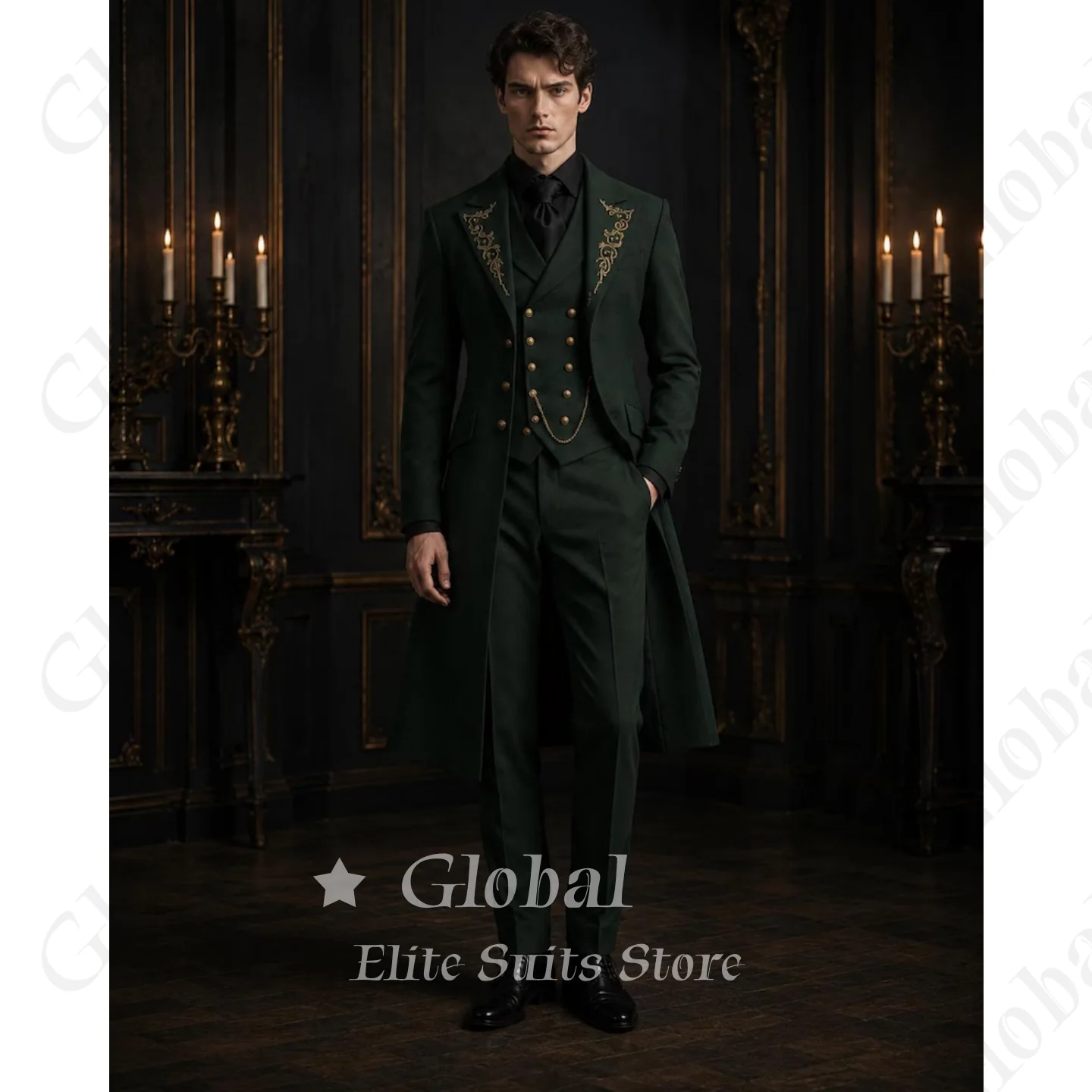 Men's 3 Pieces Suit Dark Forest Green Victorian Gold Embroidery Long Tailcoat Blazer Vest Pants Set Wedding Groom Customized