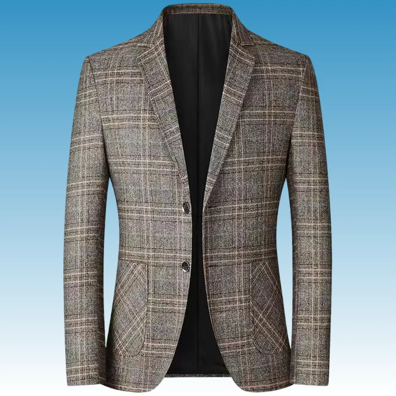 Spring and autumn thin men's suit jacket, business casual checkered middle-aged single Western no-iron top, dad's wear