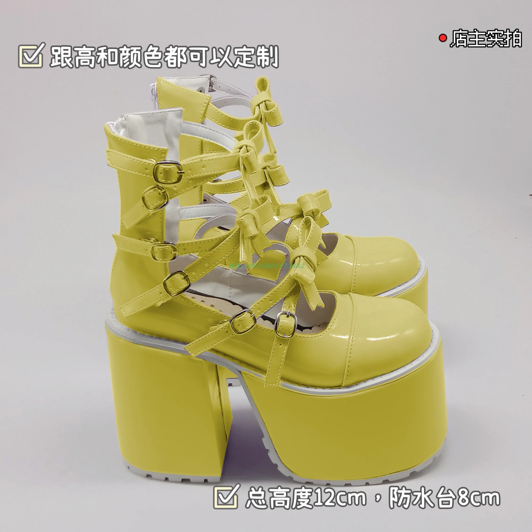 design candy color patent leather high platform Bow straps Lolita pumps chunky heel candy color platform bow pumps plus size 46