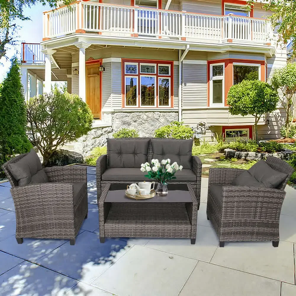 

4PC Rattan Patio Conversation Set Cushioned Outdoor Furniture Set