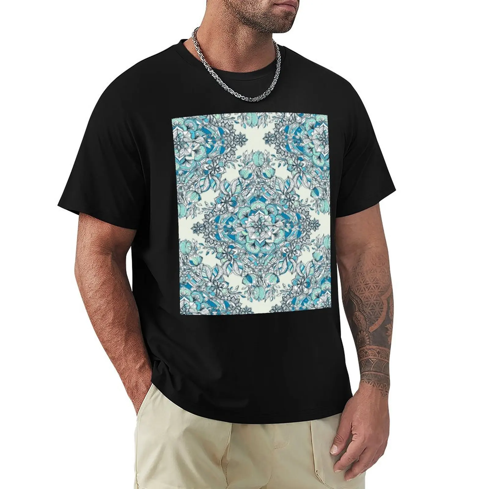 Floral Diamond Doodle in Teal and Turquoise T-Shirt Large Size Loose Casual Tee