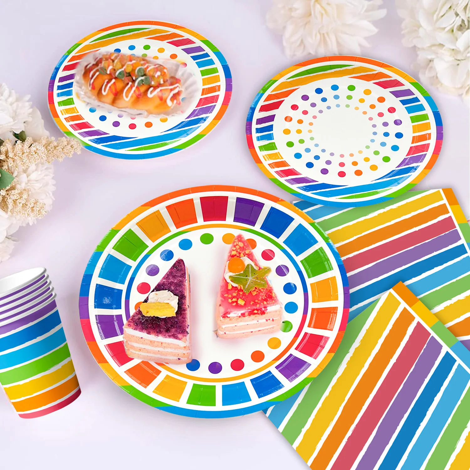 Rainbow Party Supplies,94pcs Party Decorations&Tableware Set-Rainbow Party Plates Napkins Cups & Rainbow Balloons Banner etc