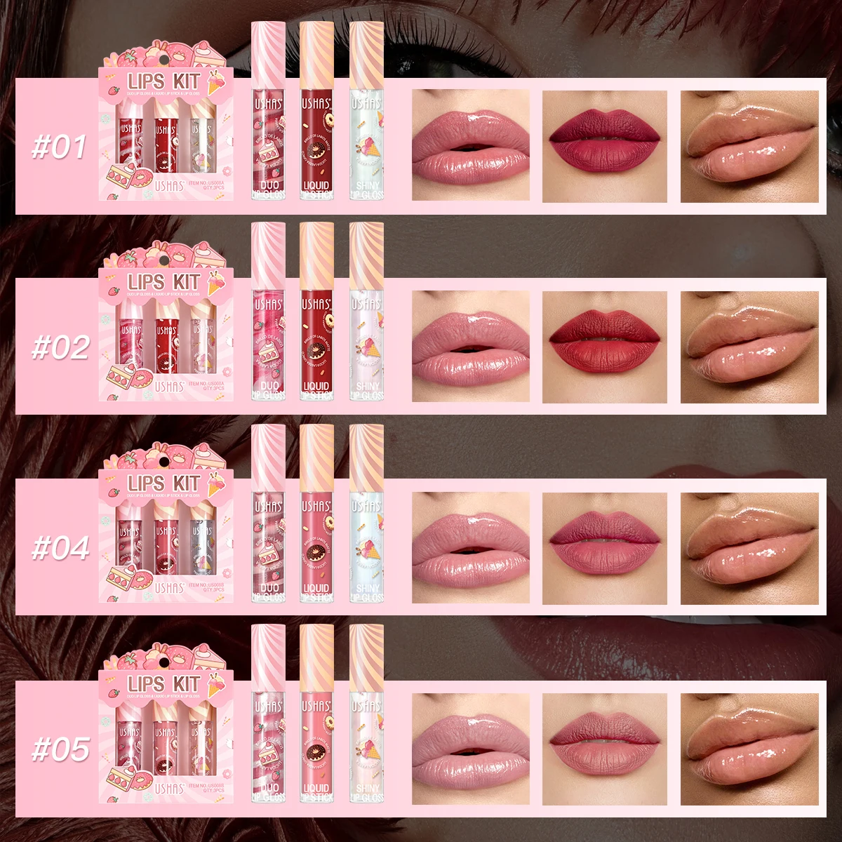 USHAS, conjunto de 3 peças, kit de cor labial - cor labial rotativa + cor labial líquida + cor labial brilhante, protetor labial hidratante anti-rachaduras