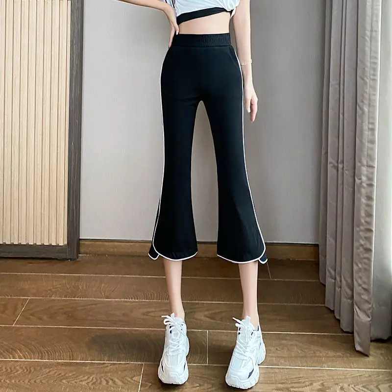 Koreanische Mode Sommer dünne Capris Frauen solide elastische Taillen taschen Patchwork Split hohe Taille lässig Flare waden lange Hosen