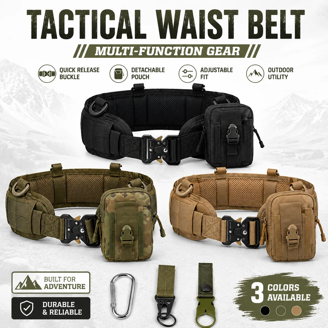 Ceinture tactique avec pochette détachable, boucle à dégagement rapide, équipement utilitaire d'extérieur pour la randonnée, le camping, la pêche, l'entraînement militaire