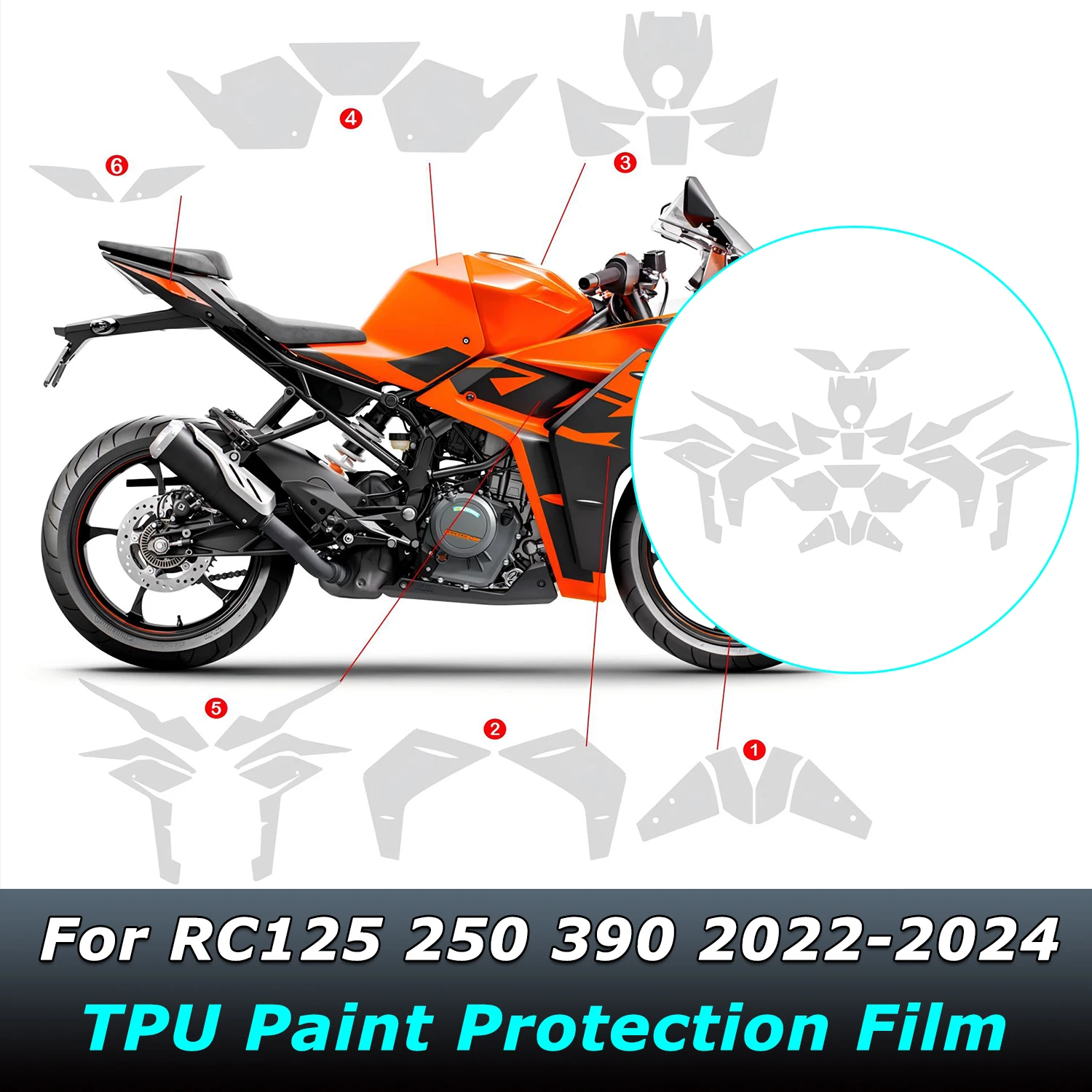 RC390 Motorcycle Paint Protective Film For RC 125 250 390 2022-2024 TPU Stickers Protect Fairing Anti-scratch Translucent Film