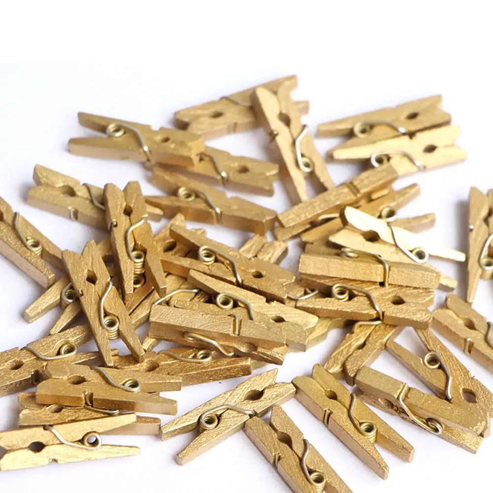 50/100 Uds. Mini Clips de madera dorados de 25mm para clavijas de fotos Clips blancos Clips para ropa artesanales actividades decoración diaria Clips Woo