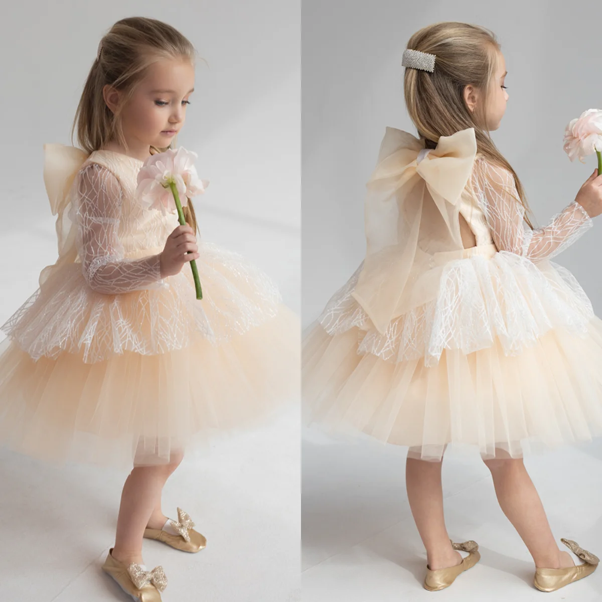 

Champagne Flower Girl Dresses for Wedding Bling Bling Toddler Girl's Birthday Party Gowns Customized Knee Length Pageant Dress