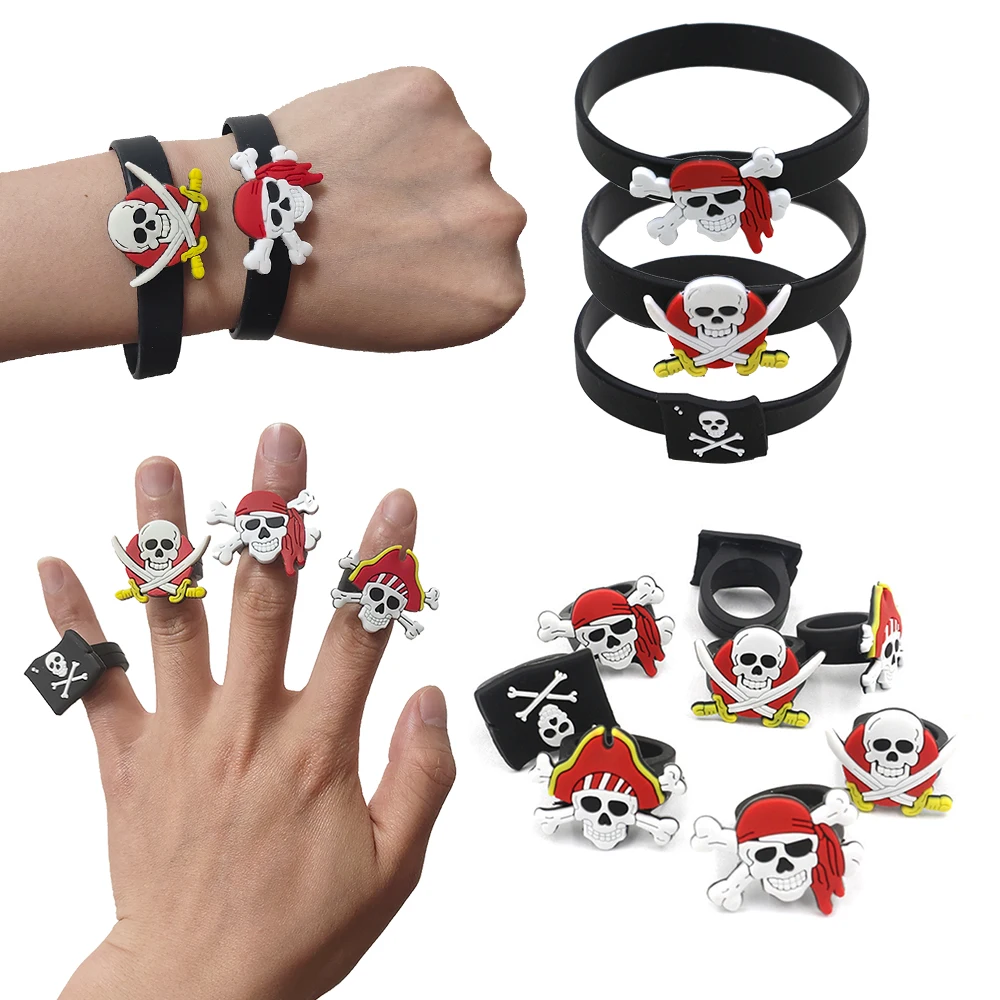 Pulseras de calavera pirata para niños, pulsera de anillo, decoración de fiesta de cumpleaños temática de pirata caribeño