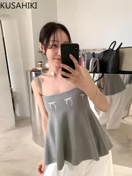 KUSAHIKI Korean Chic Summer Retro Square Collar Contrasting Bow Design Slim Fit Versatile Camisole Tanks Top for Women