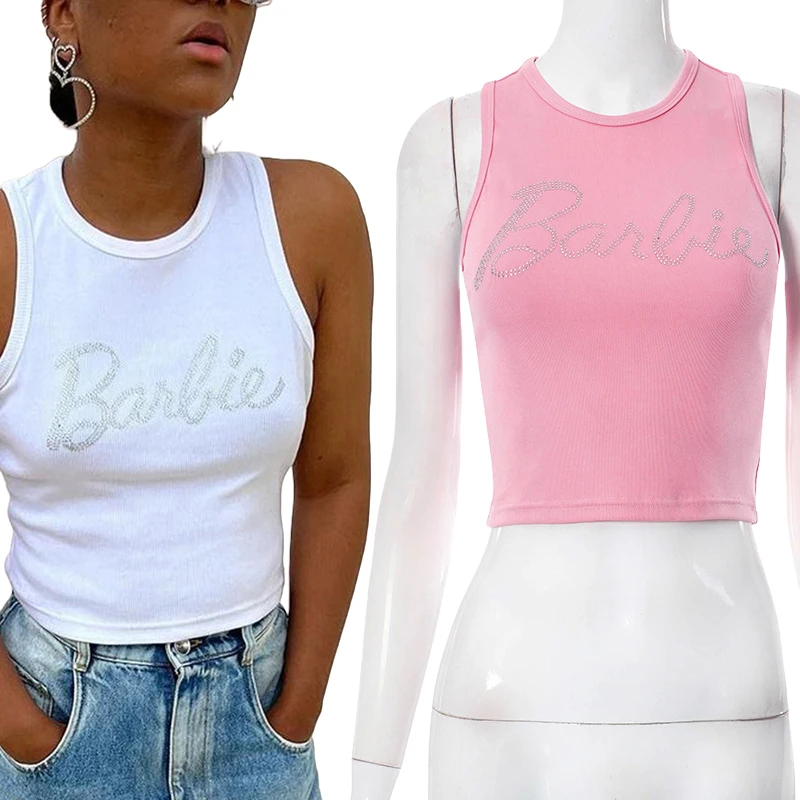 Barbie Women Sleeveless Tops Fashion Ladies Hot Girls Diamond Short Versatile Navel-Baring Short Sleeves Female Vest Camisole