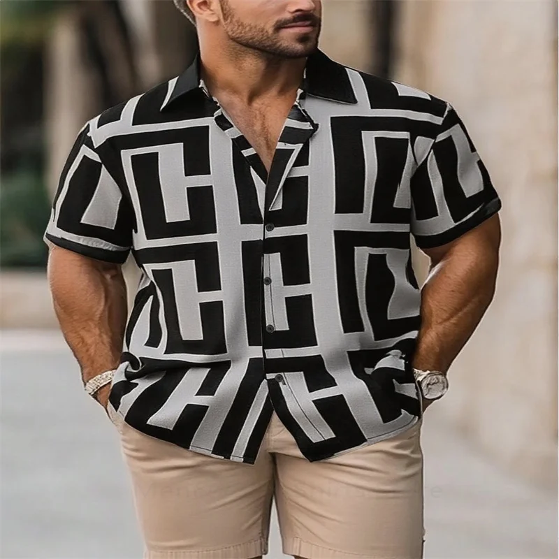 جديد الرجال أنيقة هندسية طباعة قميص عارضة أزياء الصيف التلبيب قصيرة الأكمام قميص رائعة قطع ملابس للرجال