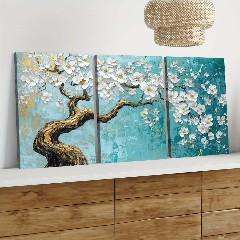 3pcs frameless canvas painting  of modern minimalist hand-painted three-dimensional relief cherry blossom tree canvas decoration