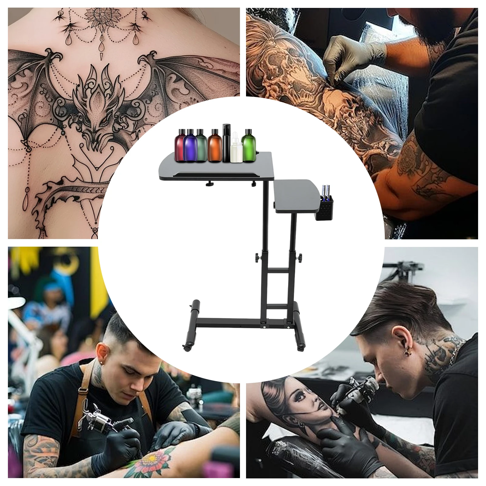 

Adjustable Tattoo Workbench Stand with Wheels Portable Makeup Table Dual Layer Artist Desk for Tattoo Studio and Beauty Salon