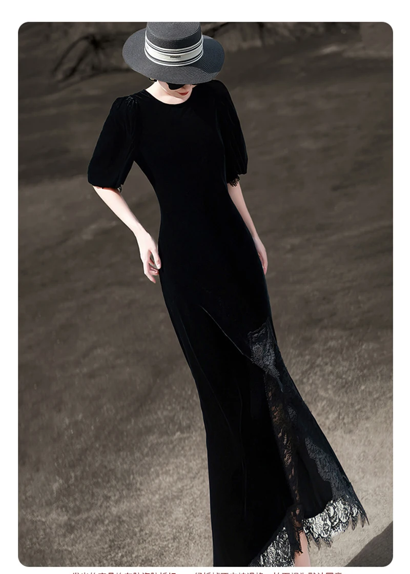 فستان نسائي مخملي من الحرير الطبيعي النقي بأكمام قصيرة ورقبة دائرية، يتميز بقطع قماش من الدانتيل، فستان طويل أنيق على الطراز النبيل. #3