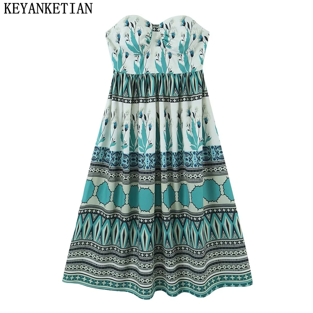 

KEYANKETIAN summer's new Bohemian print one-line neck sleeveless strapless dress women's holiday A-line skirt MIDI skirt