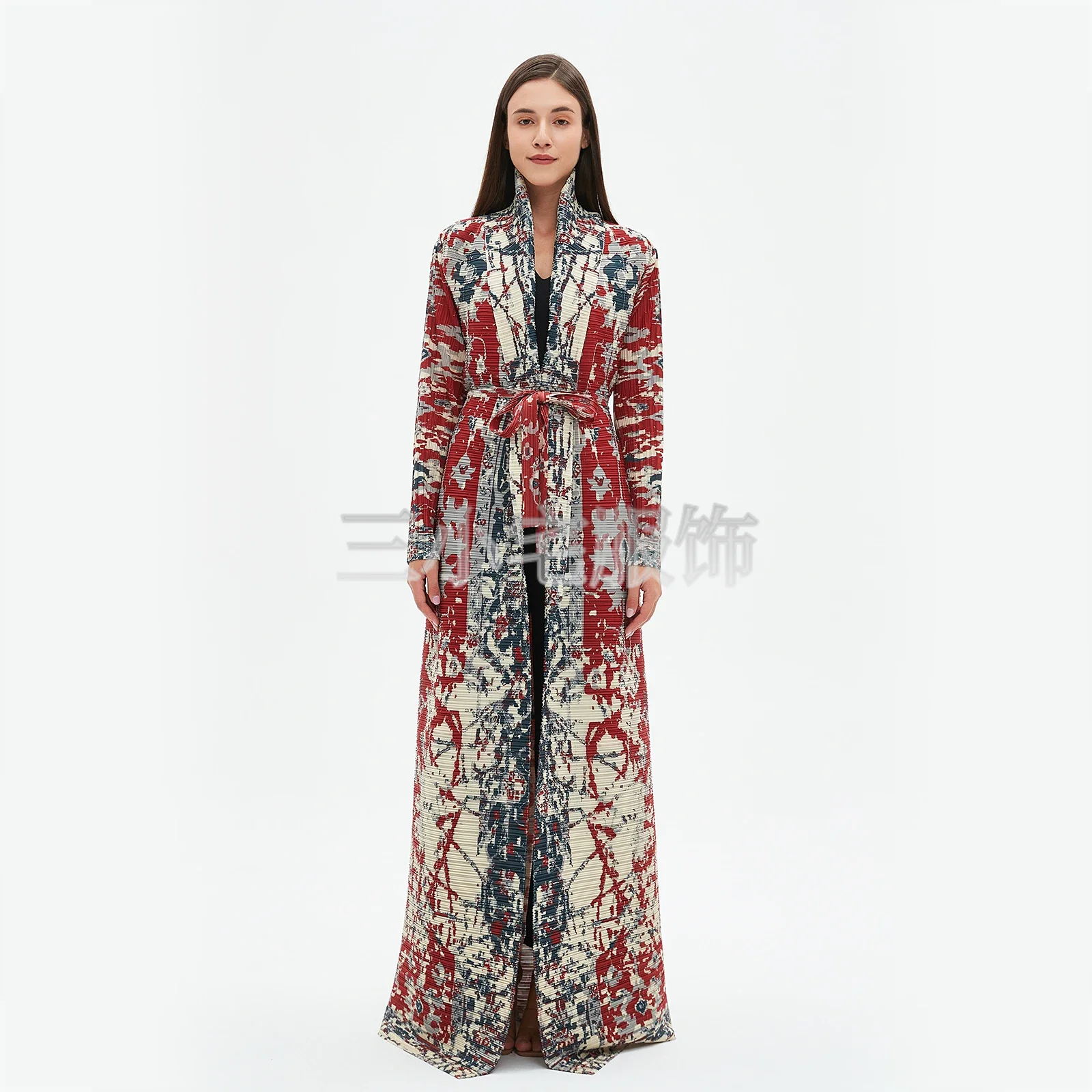 ALSEY Miyake Long Sleeve Printed Dress Windbreak Women 2024 Winter New Original Designer Abayas Turndown Collar Belted Coats