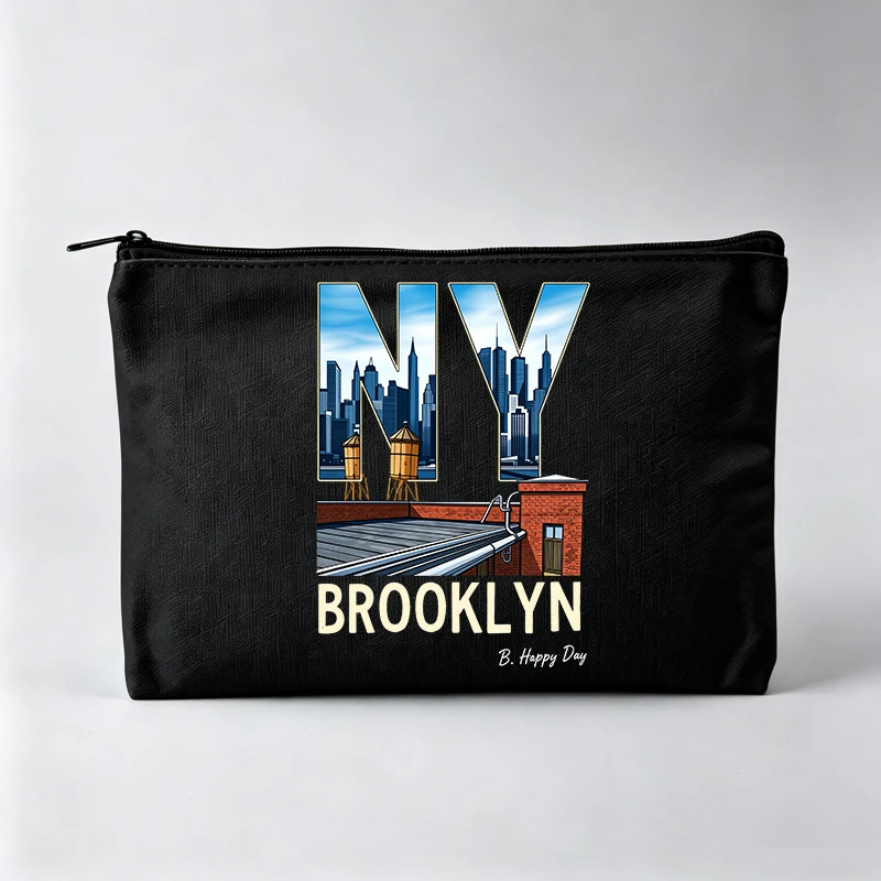 Women's NYC Skyline Letter Print Makeup Bag, Urban Style Cosmetic Pouch for Daily Use