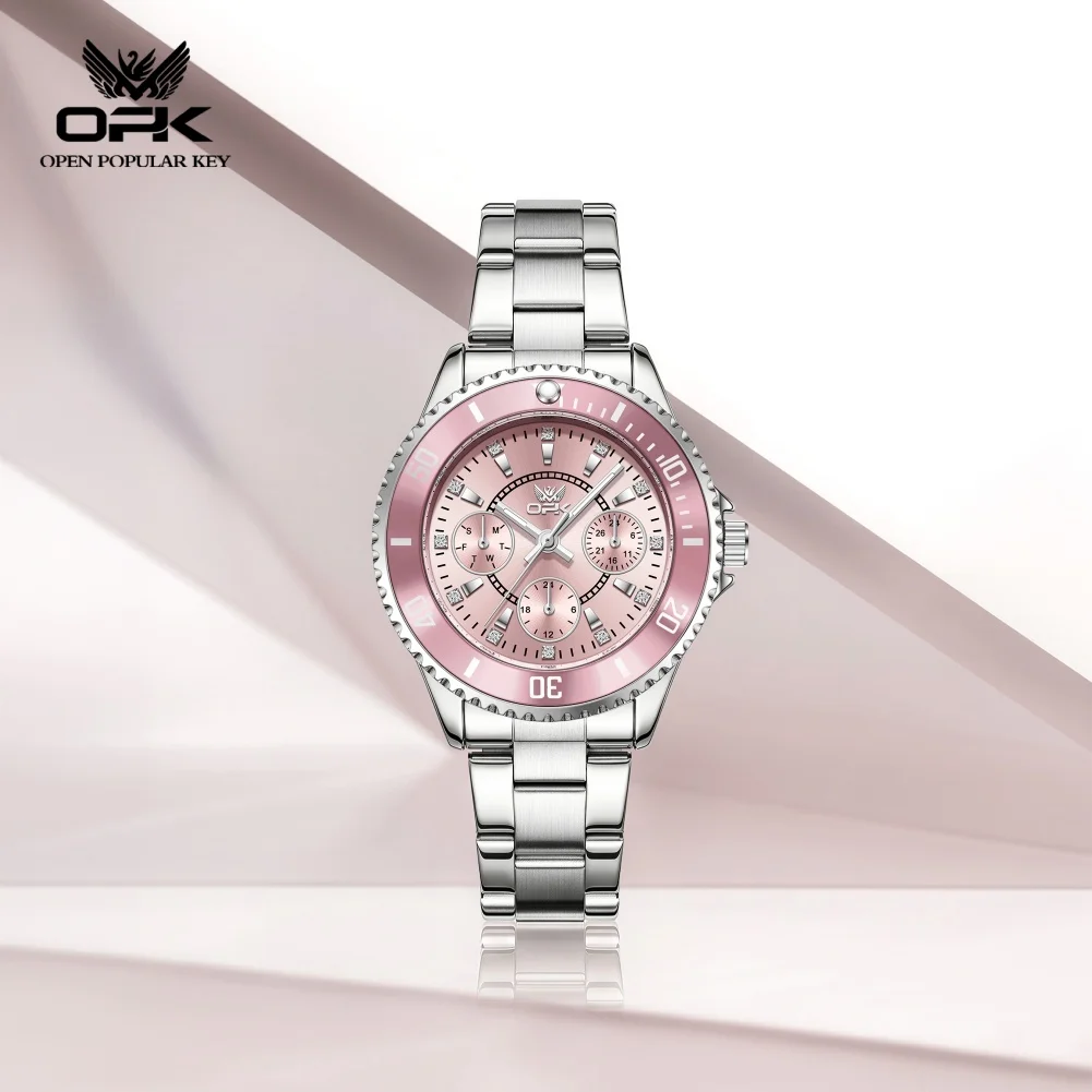 OPK 6105 Luxury Quartz Movement Women Watch Round Dial Large Numeral Scale Design 30m Waterproof HD Luminous Steel Strip Watch