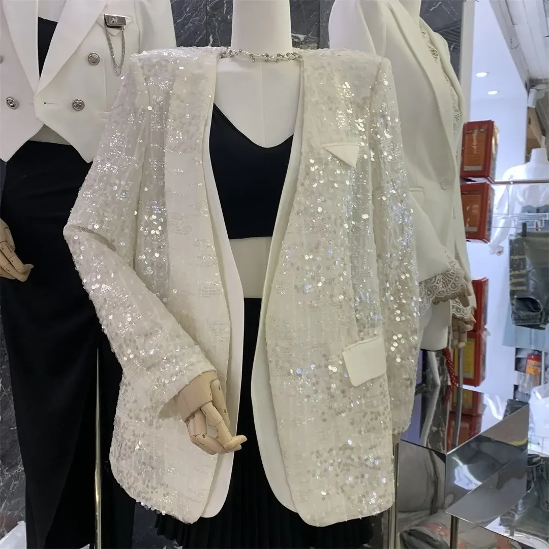 Ladies Sparkling Sequin Suit Coat Women's Spring/summer 2024 New White Black Blazers