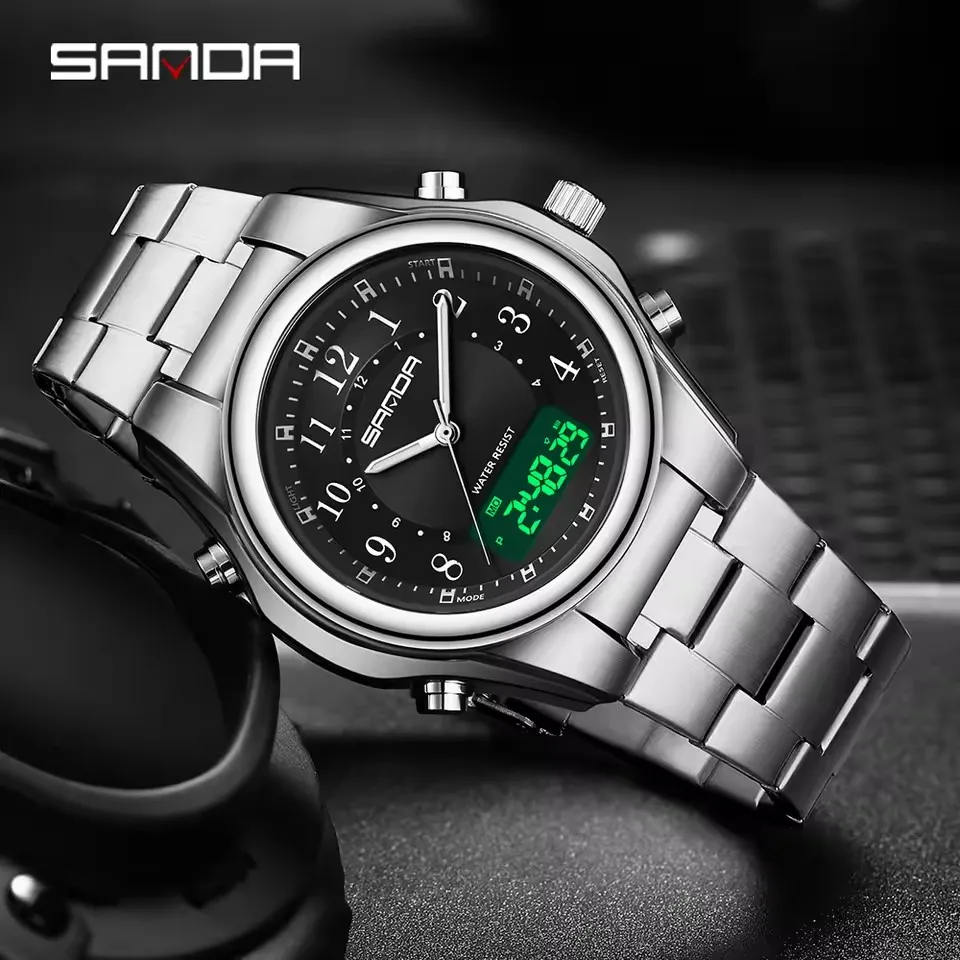 

SANDA 3176 Quartz Watches for Man Fashion Business Digital Dual Display Luminous Calendar Waterproof Sports Men Wristwatch