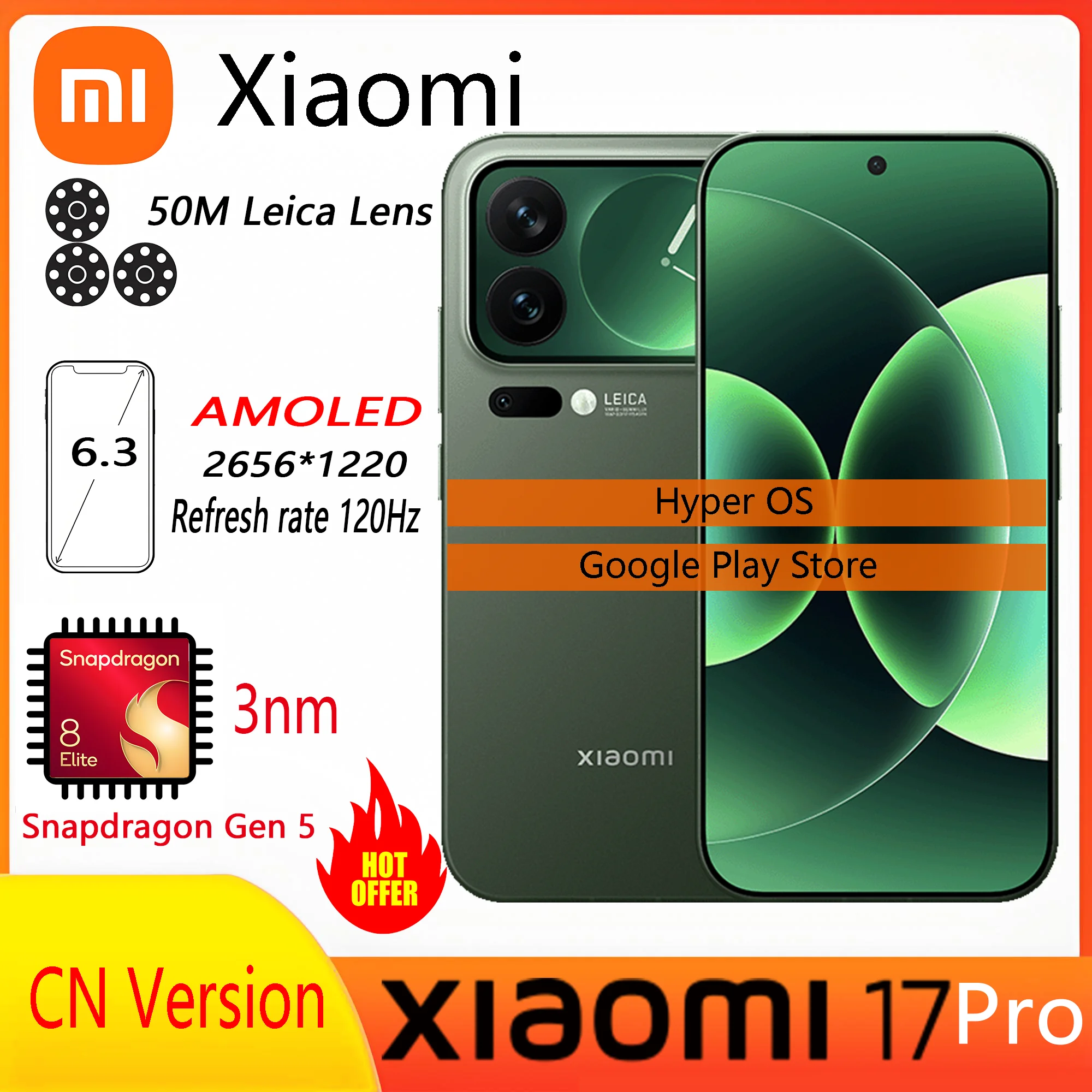 Смартфон Xiaomi 17 Pro версии CN Snapdragon 8 Elite Gen5, аккумулятор 6300 мАч, 100 Вт Hyper Charge, 6,3 дюйма, версия CN, NFC, двойной экран