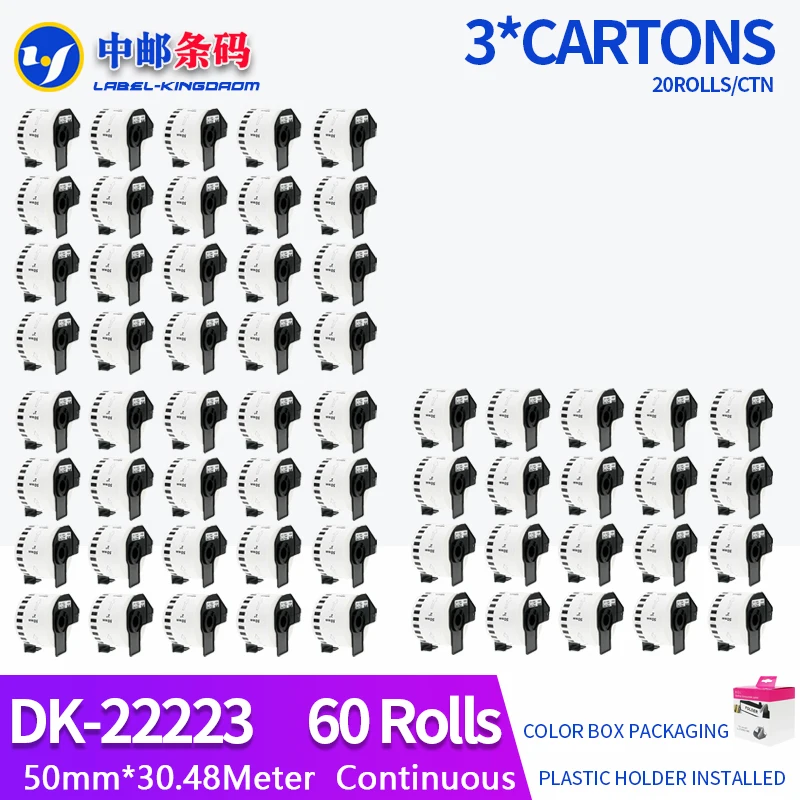 

60 Rolls Compatible DK-22223 Label 50mm*30.48M Continuous For Brother Thermal Printer QL-700/800 All Come With Plastic Holder