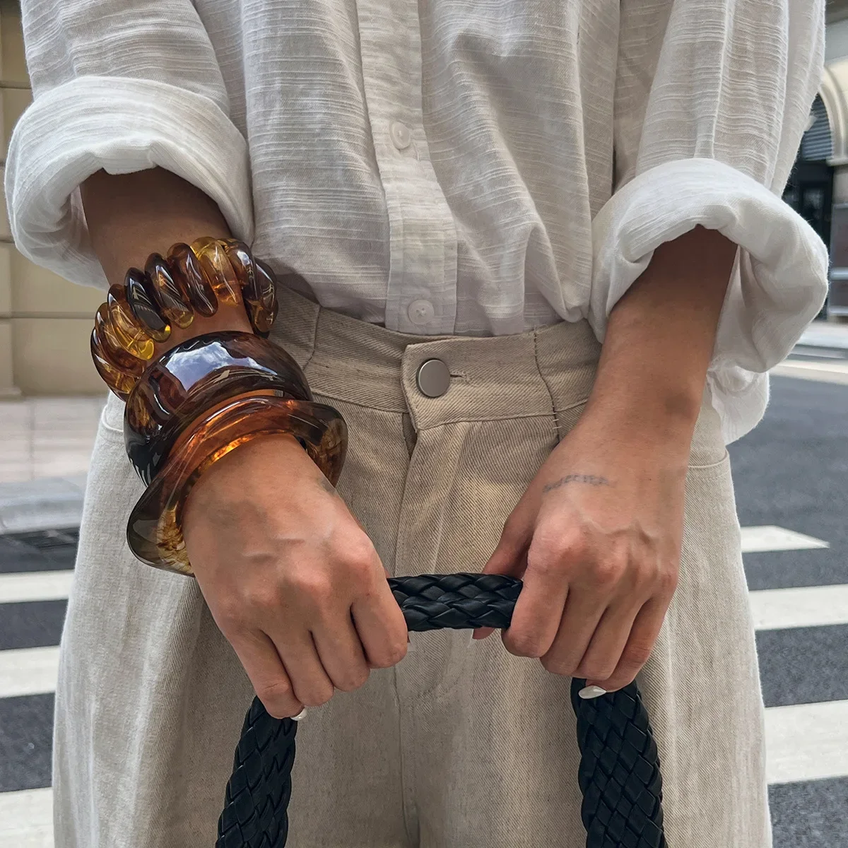 Personality Brown Coffee  Acrylic Bangles Thick Resin Smudging Geometric Irregular Bangle Bracelet for Women Men Punk Jewelry