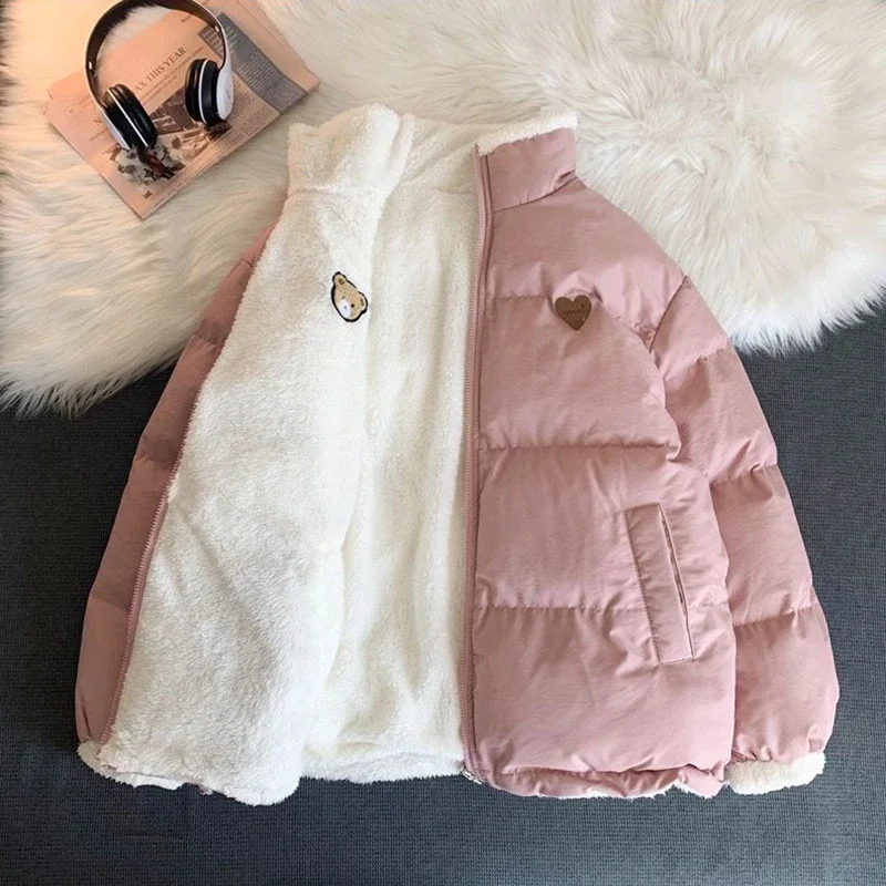 Japanese Cute Embroidery Parkas Coat Women Winter Korean Style Thick Loose Warm Jacket Double Sided Design Pink Student Clothes