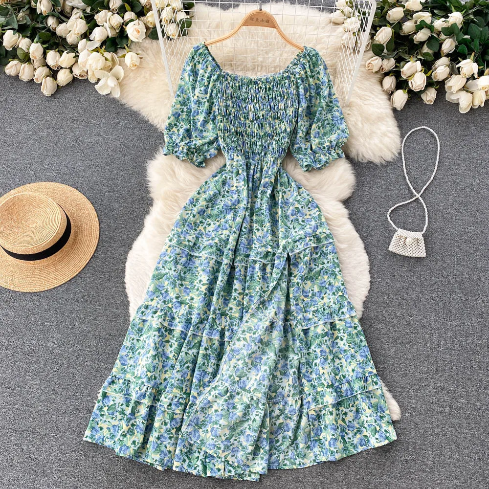 YuooMuoo-vestido largo estampado con cintura elástica para mujer, con abertura en forma de A prenda de vestir, manga abombada, Estilo Vintage, ropa de playa para verano