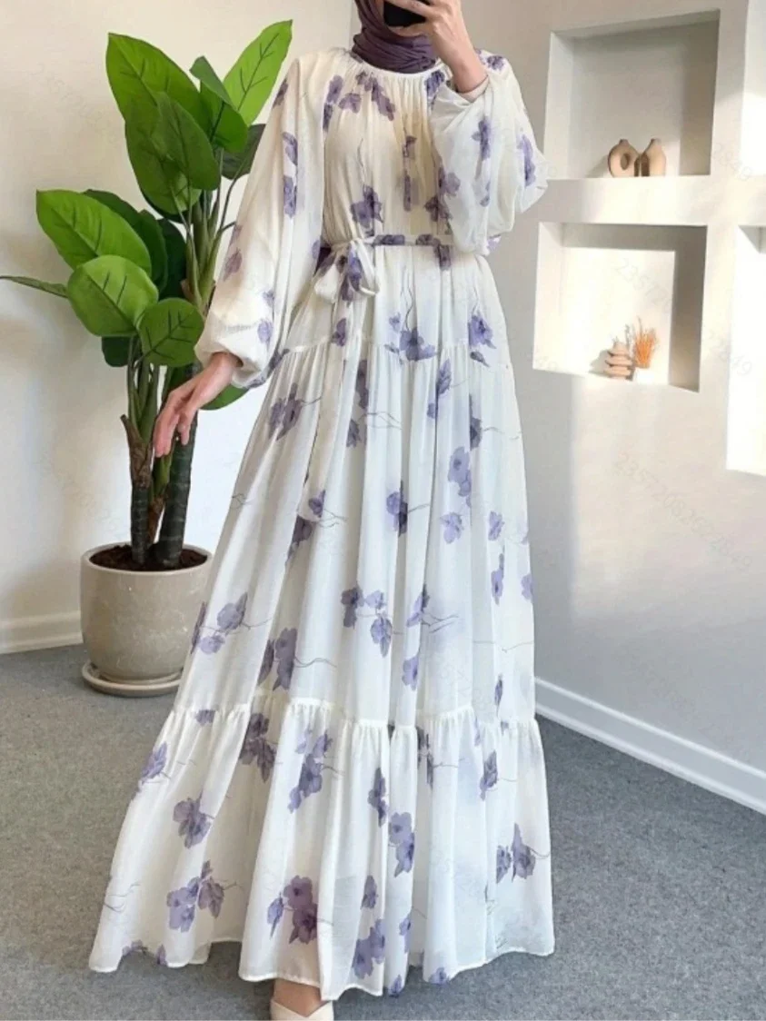 

Eid Chiffon Dress Women Muslim Abaya Women Flower Print A-line Dresses Dubai Jalabiya Lace Up Kaftan Vestidos Robe Ramadan 2025