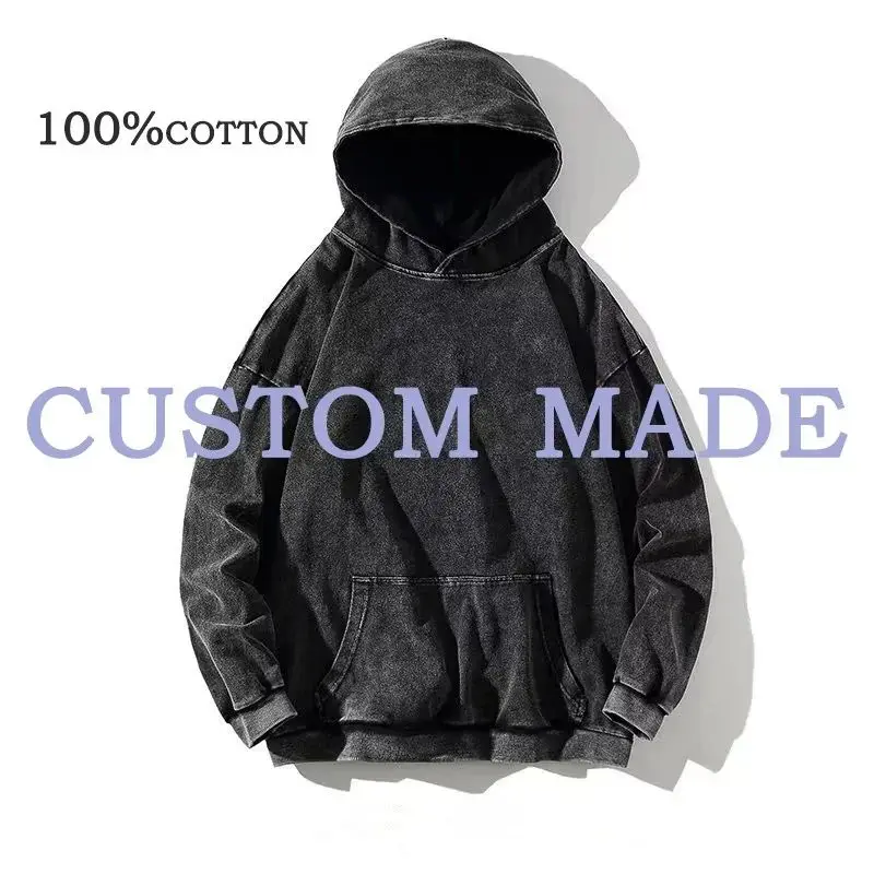 HAI Customizable Retro Washed Hoodie 100% Cotton Women\'s Top Black Acid Retro Hooded Sweatshirt Plus Size Hip Hop Men\'s Jumper