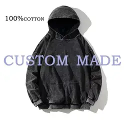 HAI Customizable Retro Washed Hoodie 100% Cotton Women's Top Black Acid Retro Hooded Sweatshirt Plus Size Hip Hop Men's Jumper