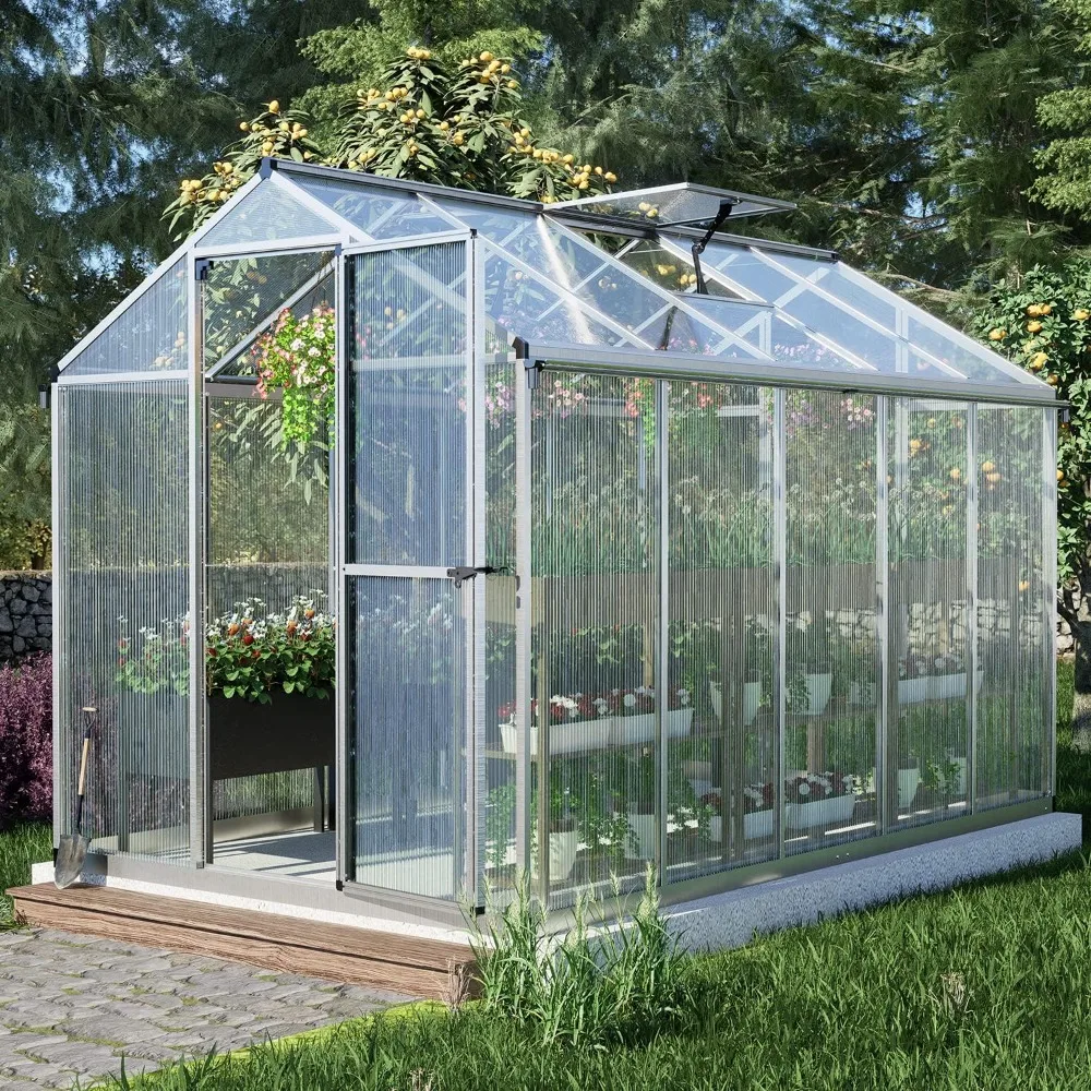 

Walk-in Polycarbonate Greenhouse W/Heavy-Duty Aluminum Frame, 2 Vent Windows & Lockable Door for Backyard Garden Use, Greenhouse