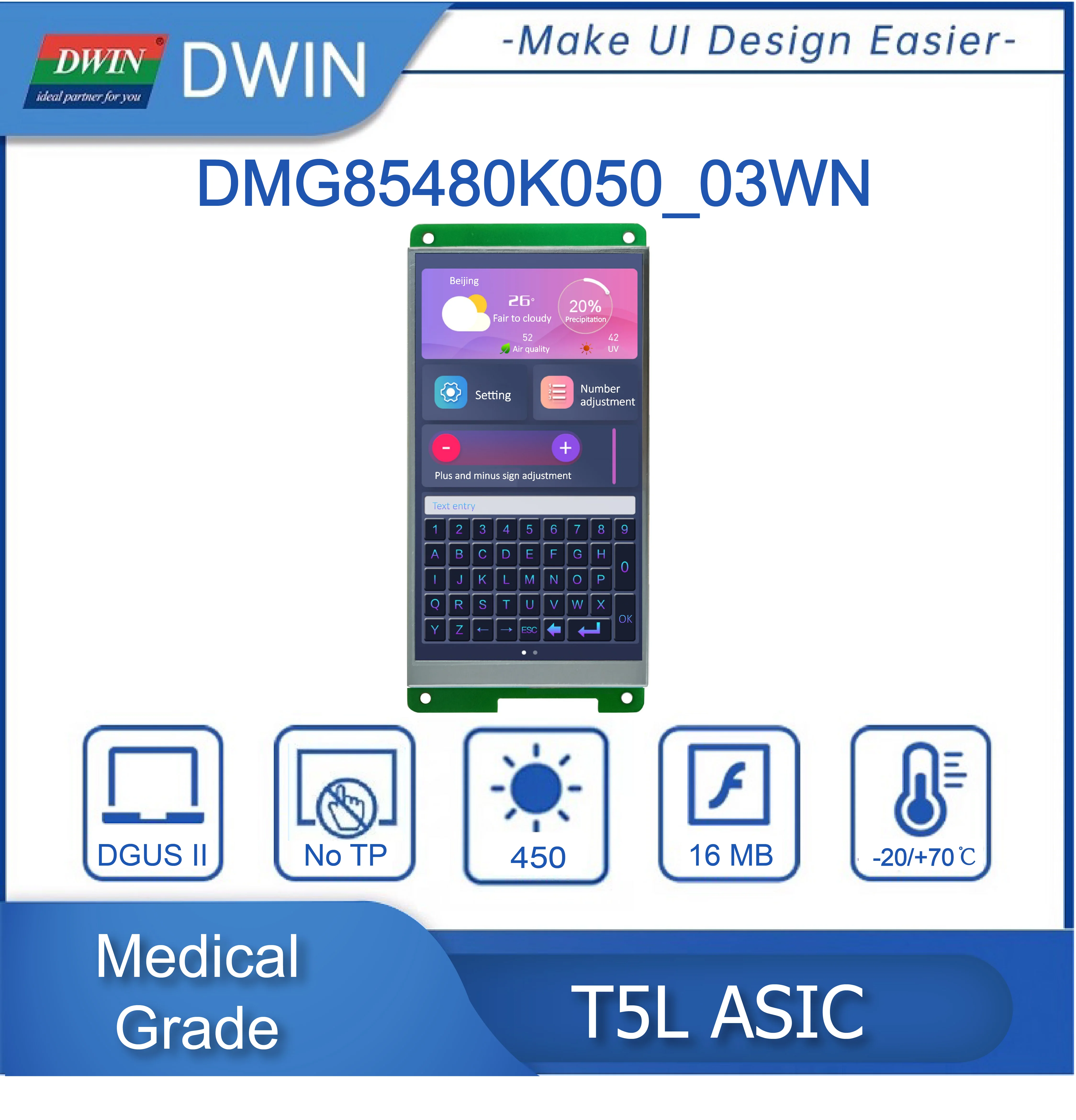 DWIN 의료 등급 16.7M 색상 IPS-TFT-LCD, RS232, RS485, UART LCD 모듈, 스마트 터치, HMI DMG85480K050_03W, 5.0 인치, 480x854 픽셀