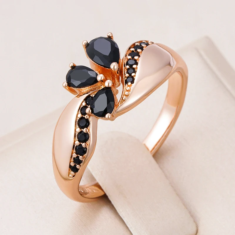 Kinel Hot Black Natural Zircon Ring for Women Fashion 585 Rose Gold Color Crystal Flower Bride Ring Daily Fine Vintage Jewelry