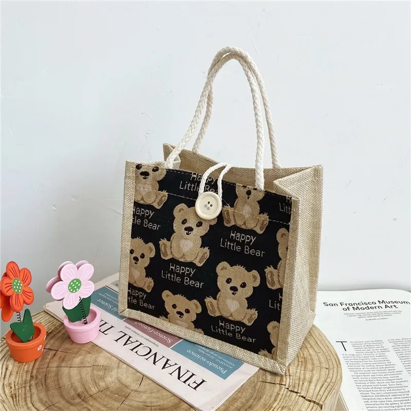 Women Cute Bear Pattern Shoulder Bag Flax Girl Student Handbag Mini Outdoor Handbag Casual Lunch Bag Underarm Bag