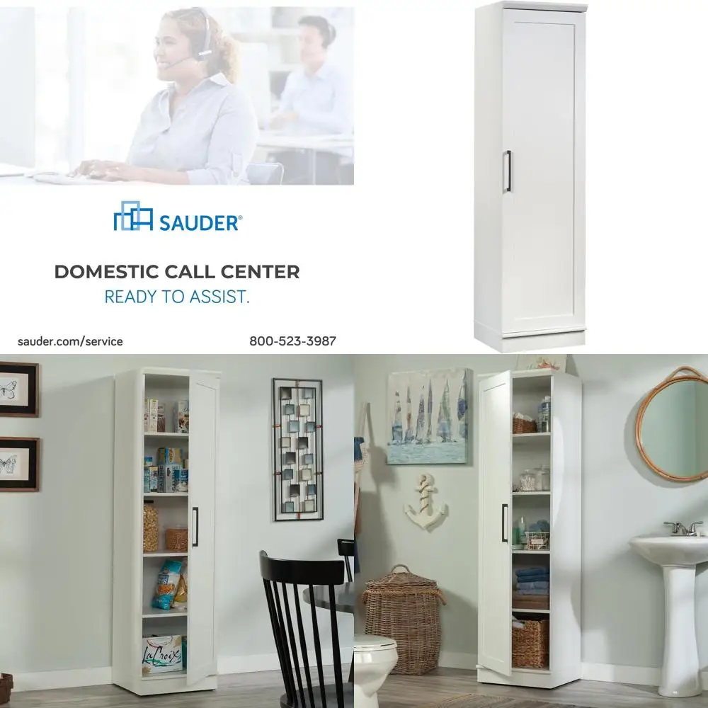 

Узкий шкаф для хранения с одной дверцей и регулируемыми полками, белый, для кухни